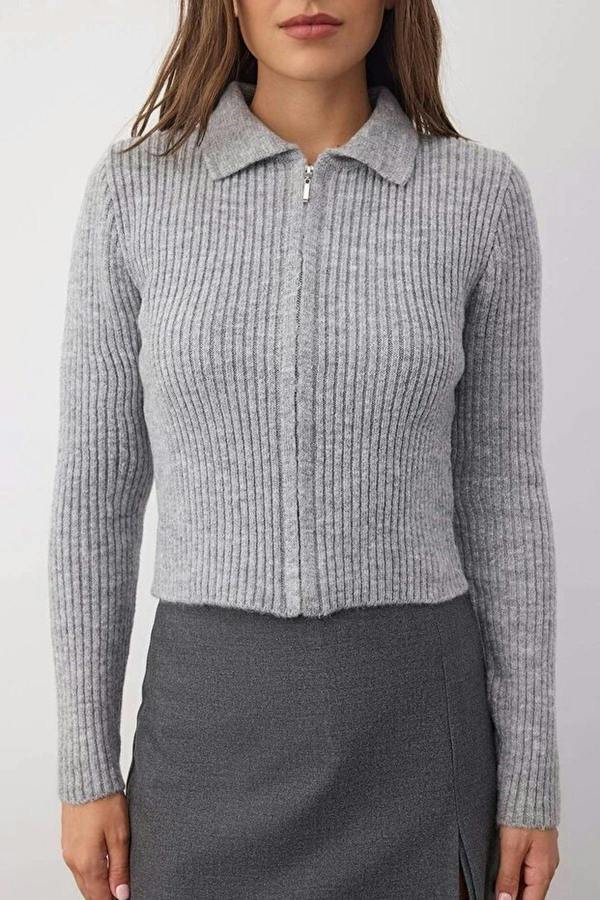 WOVCOR Soft Textured Knit Cardigan with Zipper Detail