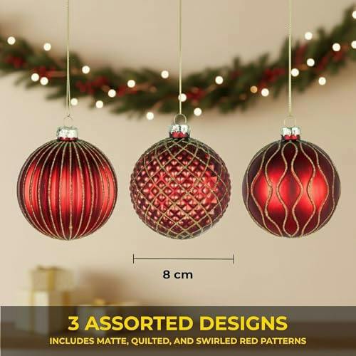 8cm Red Glass Christmas Baubles Set, 12 Pack with 3 Assorted Designs for Tree Decorations image 6