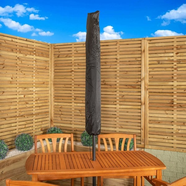 Samuel Alexander Outdoor 4 Person Rectangular Wooden Dining Table Chairs with Grey Havana Parasol & Base Set