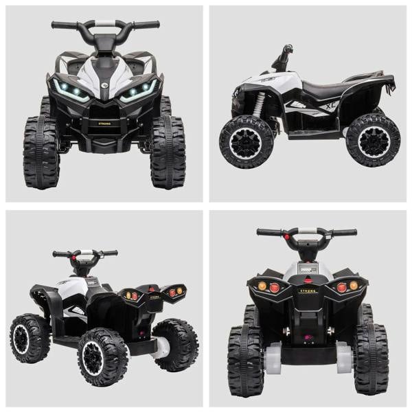 White kids electric quad bike shown from multiple angles with LED headlight lights