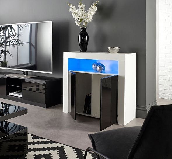 MMT Furniture Designs Modern White/Black Matt Gloss Buffet Sideboard Cabinet with LED Lights