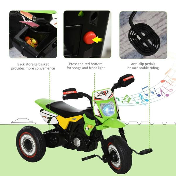 Kids ride-on motorcycle trike showing storage basket, front light control, and anti-slip pedals.