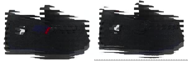 US Polo Assn Mens Slip On Loafer Backed Moccasin Style Slippers, black slip-on moccasins with a small US Polo Assn logo tag on the side.