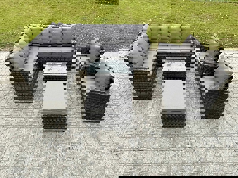Fimous 9 Seater Rattan Garden Furniture Sets High Back Corner Sofa Rectangular Coffee Table Set with Big Footstool 2 Armchairs Dark Grey Mixed