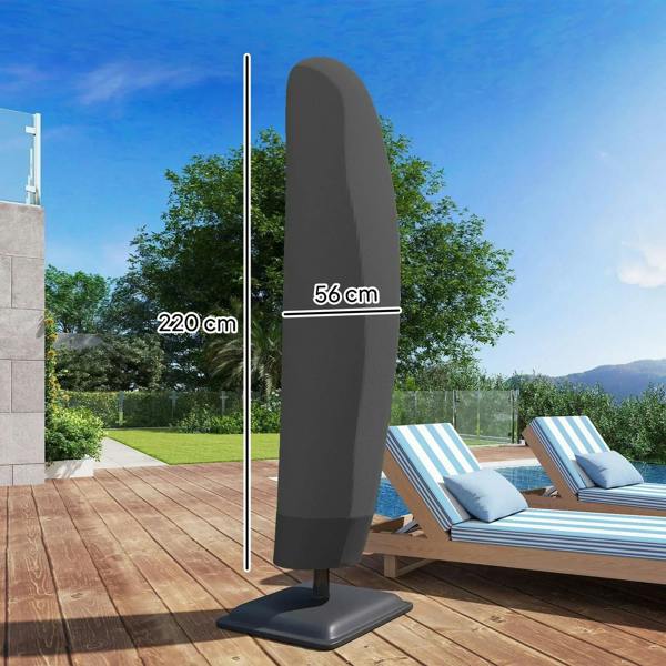 Black cantilever umbrella cover with tall teardrop shape on pedestal base