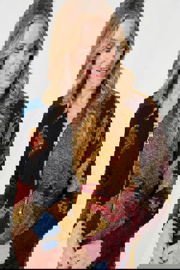 Red | Abstract Zip V-Neck Long Sleeve Relaxed Top
