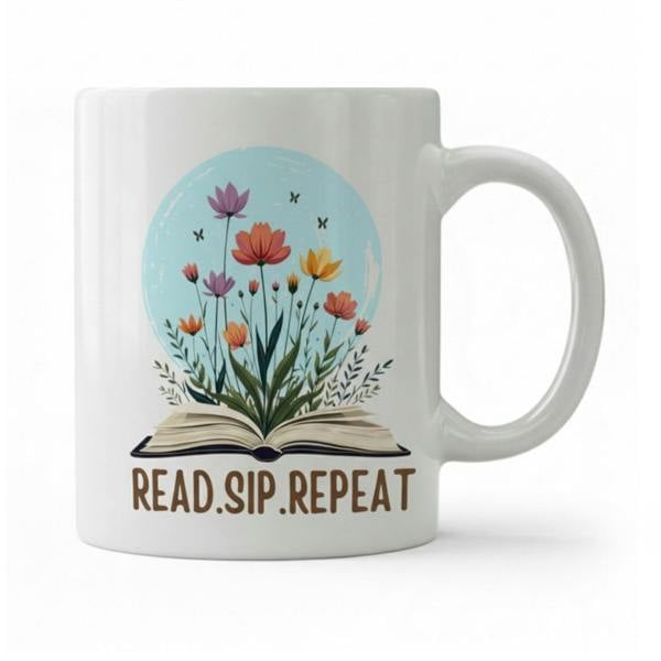 Dyzi Read Sip Repeat Quote Ceramic Mug White for Book Lovers