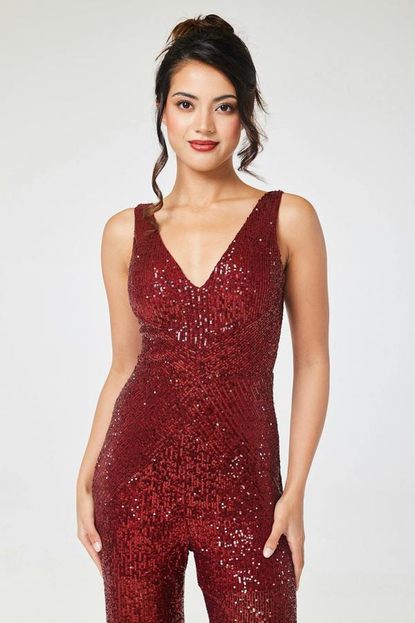LuvForever Ruby - Wine V Neck Sequin Jumpsuit