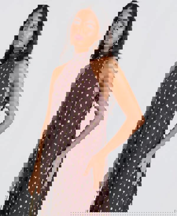 Chocolate Foil Halter Tie Maxi Dress