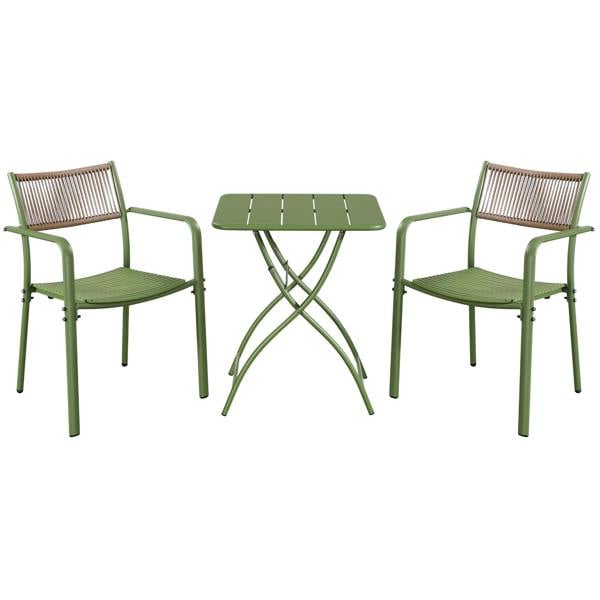 Core Products 3 Piece Bistro Garden Set, Pair Of Rope Back Armchairs & Square Metal Folding Table, Moss Green