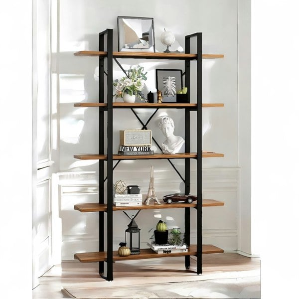 Rafaelo Mobilia Industrial 5 Tier Rustic Brown Bookcase