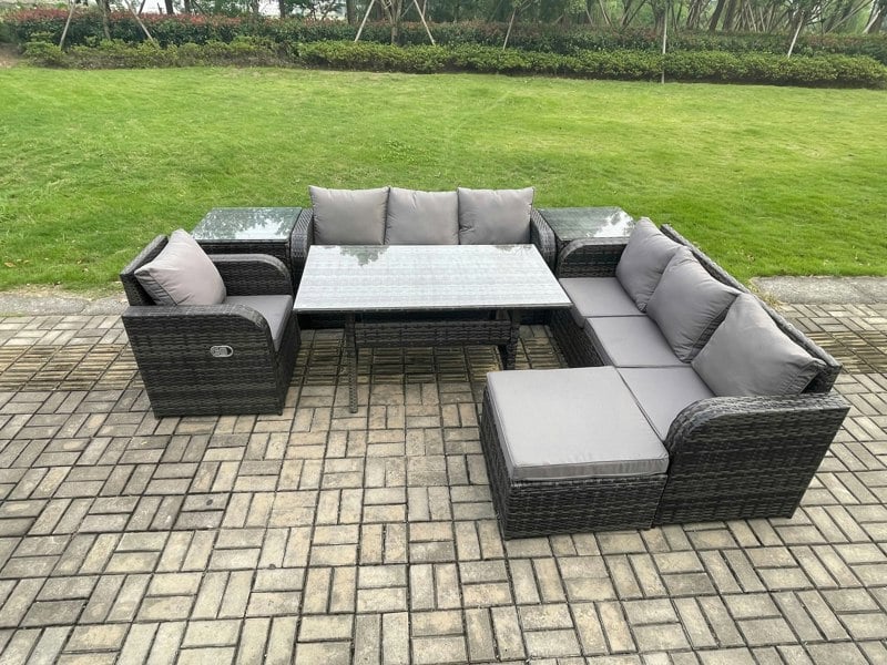 Fimous 8 Seater Dark Grey Mixed Rattan Garden Dining Set - Oblong/Rectangular Table, 3-Seater Sofa & 2 Side Tables