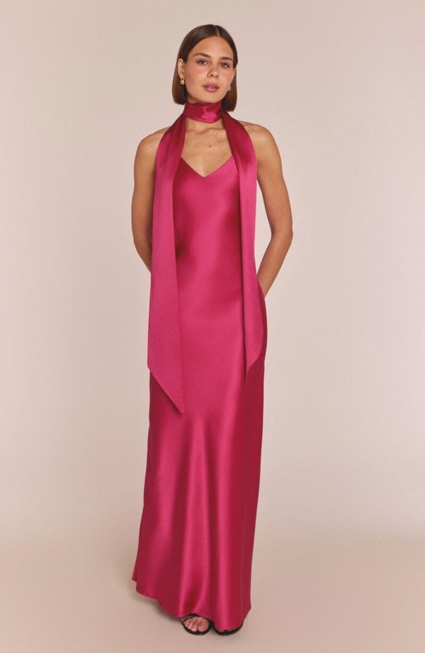 Rewritten London Brooklyn Dress in Hot Pink Satin