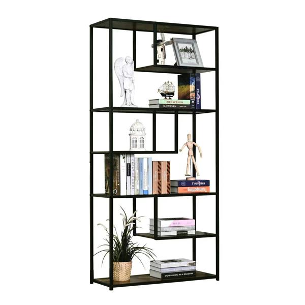 Tall 6-tier bookshelf with black metal frame and rustic brown shelves with books and decor