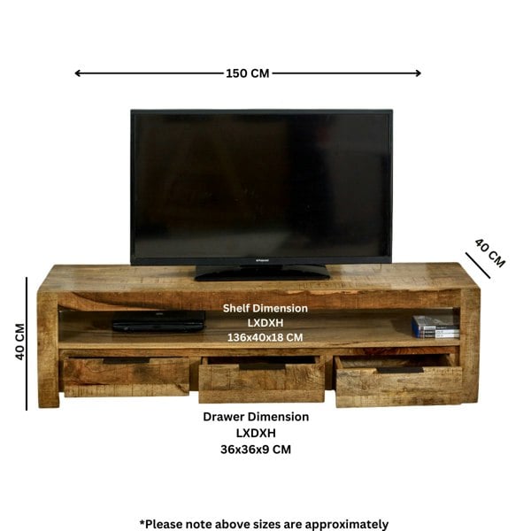 IH Design Valor Mango Wooden Large TV Stand With 3 Drawers