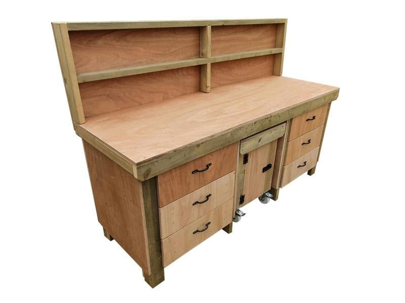 Arbor Garden Solutions Wooden Eucalyptus hardwood top workbench with drawers and functional lockable cupboard (V.5) with back