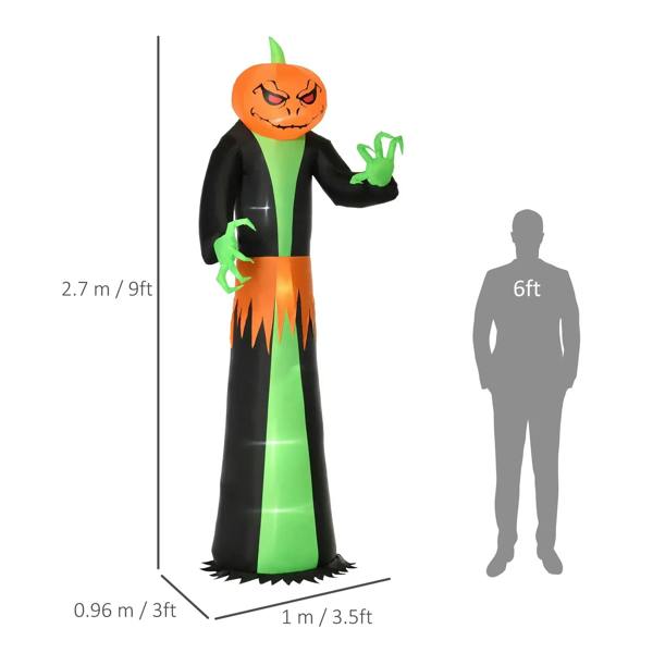 Inflatable pumpkin-ghost with LED lights, size guide showing 9 ft height and 6 ft person