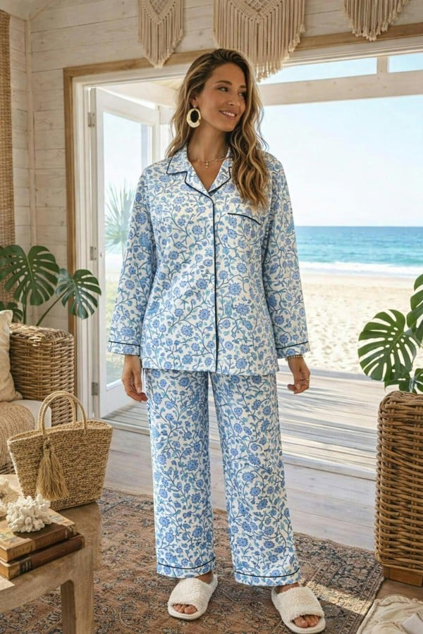 Woodblock Blue Floral Lounge Pyjama Set (long)