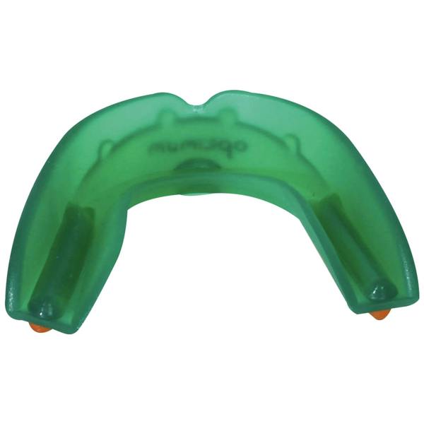 Green translucent Optimum Matrix mouthguard, top-down U-shape with orange base tabs, on white - Optimum