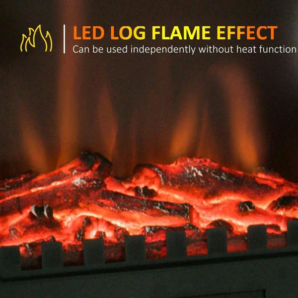 LED log flame effect glowing behind the electric fireplace front glass panel.