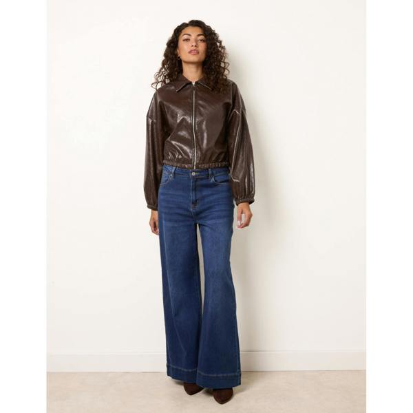 Blue Vanilla Square Collar Zipper PU Leather Bomber Jacket