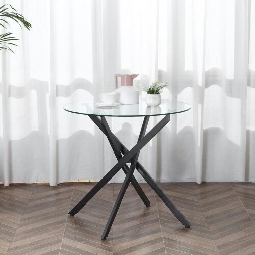 Wyld Haus Bama Metal Black Round Glass Dining Table With Clear Tempered Top For Living And Dining Rooms