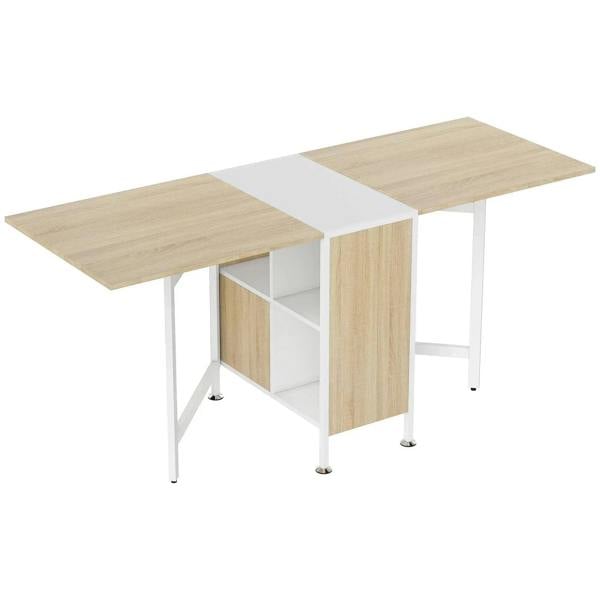 Foldable drop-leaf dining table with oak top, white frame, and open storage shelves