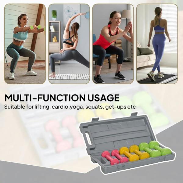 Multicolored dumbbell set in gray storage case, shown alongside workout poses