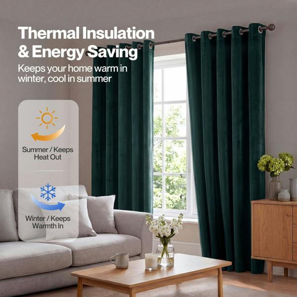 Marlow Thick Thermal Blackout Curtains Velvet 66x72 Inch Eyelet Ring Top Green