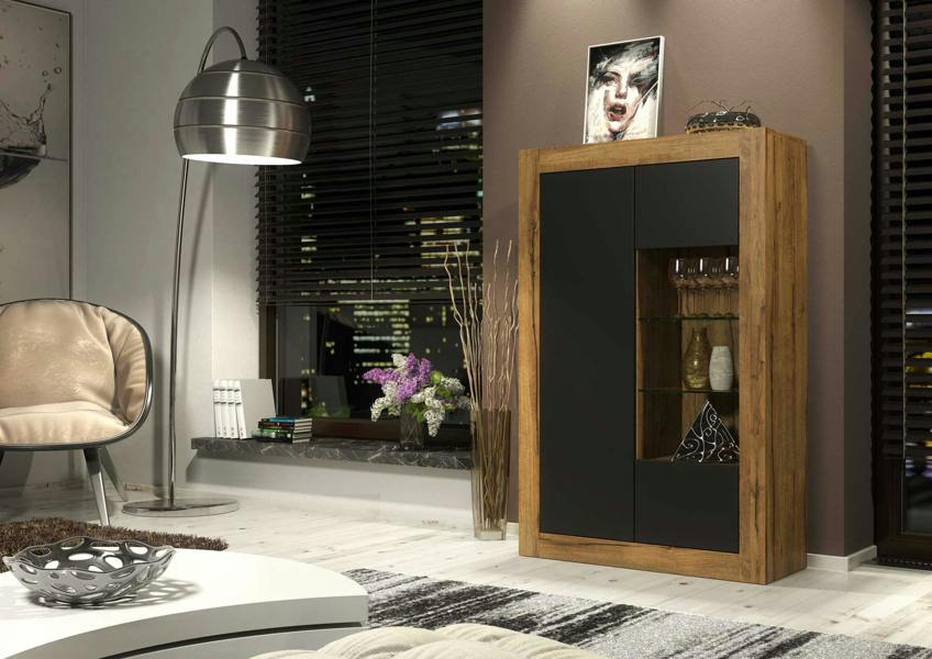 Mex Furniture Sideboard Cabinet Storage Display Unit Oak Black Matt Cupboard Modern 140