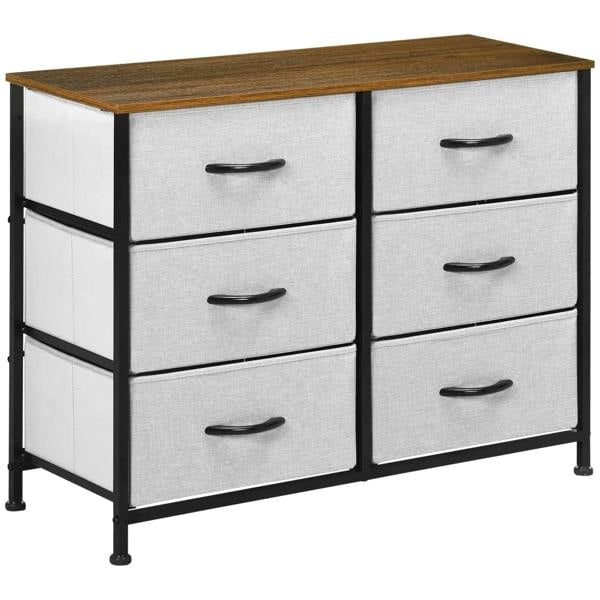 Storage dresser with 6 grey fabric drawers, wooden top, black steel frame, black bar pulls