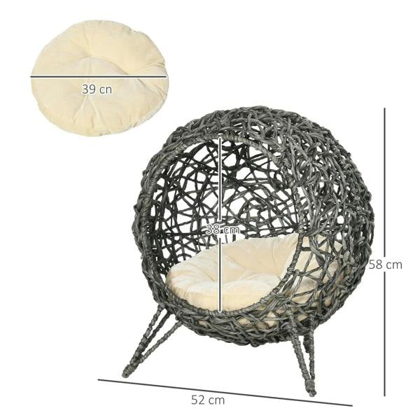 Grey round elevated cat bed house basket with cream cushion and three tripod legs