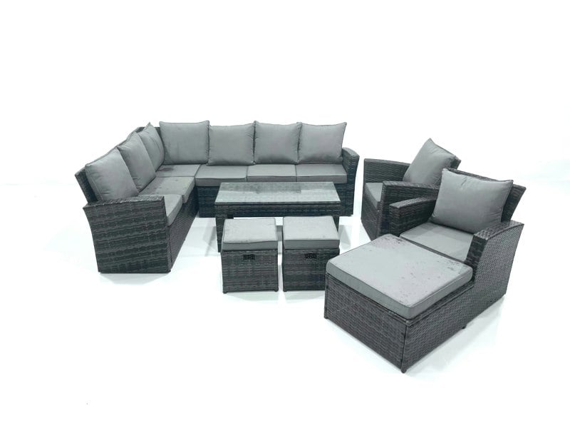 Fimous 11 Seat Rattan Garden Furniture Corner Sofa Set Outdoor Patio Sofa Chair Table Set with 2 Small Footstools 2 Big Footstools Dark Grey Mixed