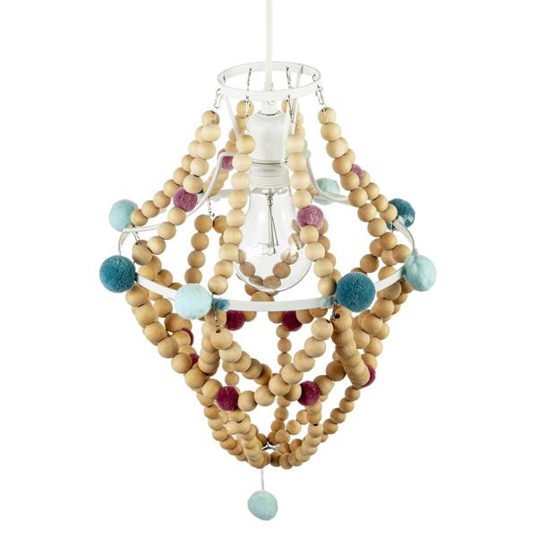Wooden Beaded Chandelier Style Pendant Shade with Coloured Pom Poms Image 3