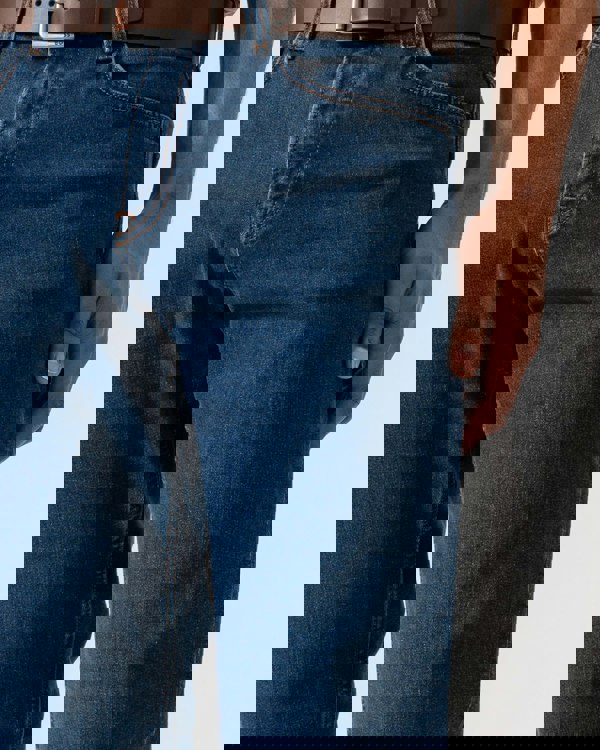 Model wearing BOSS Orange Mens ReMaine Jeans in Dark Blue 409 - Detail