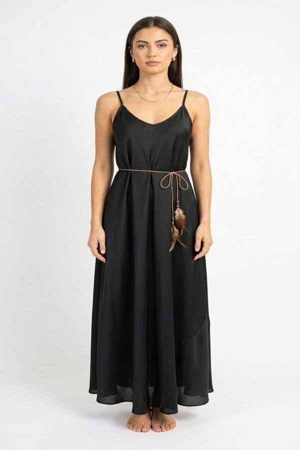 Liora Strappy Maxi Dress With Feather Tie Waist - Black
