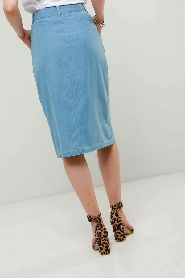 Urban Bliss Bali Pale Blue Button Through Denim Chambray Midi Skirt