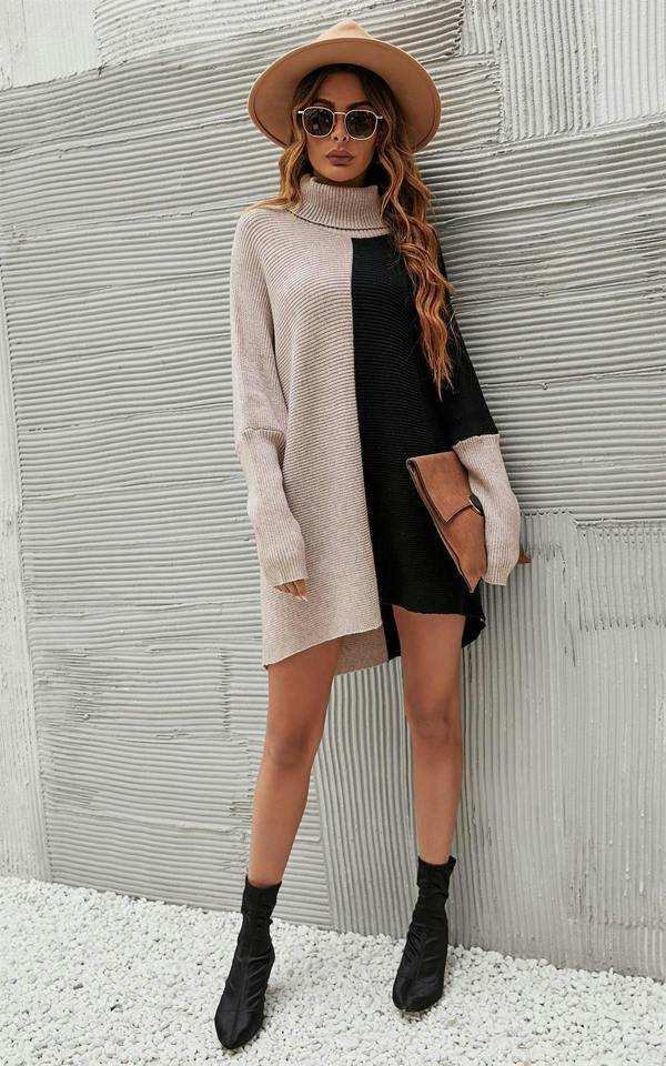 FS Collection High Neck Half Forest Beige & Black Block Colour Jumper Top