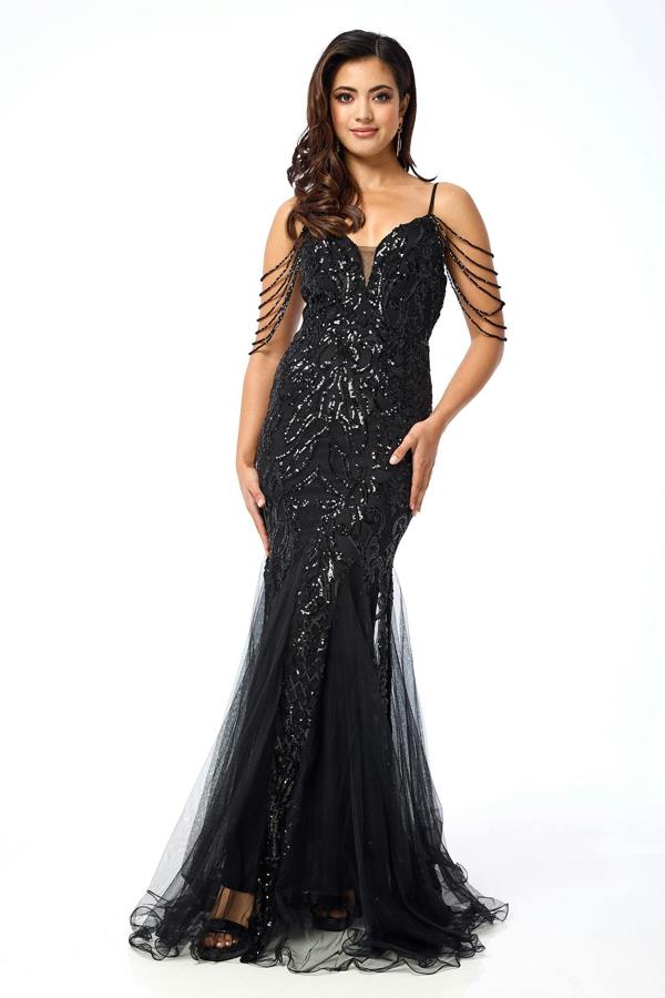 LuvForever Alora - Black Jewelled Shoulder Sequin Maxi Dress