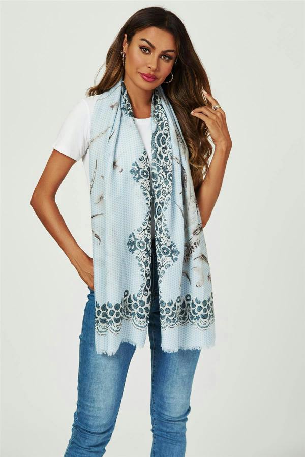 FS Collection Geometric & Feather & Lace Print Scarf In Blue