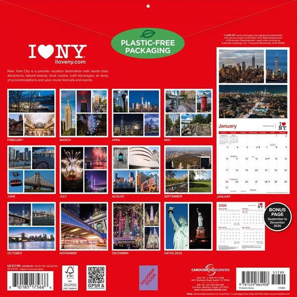 New York I Love NY City Colour Calendar 2027, Wall Calendars, Month To View, Travel, Gift