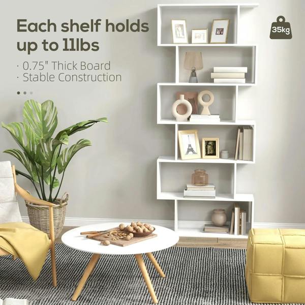 White 6-tier bookshelf with open storage shelves holding books and decorative accents