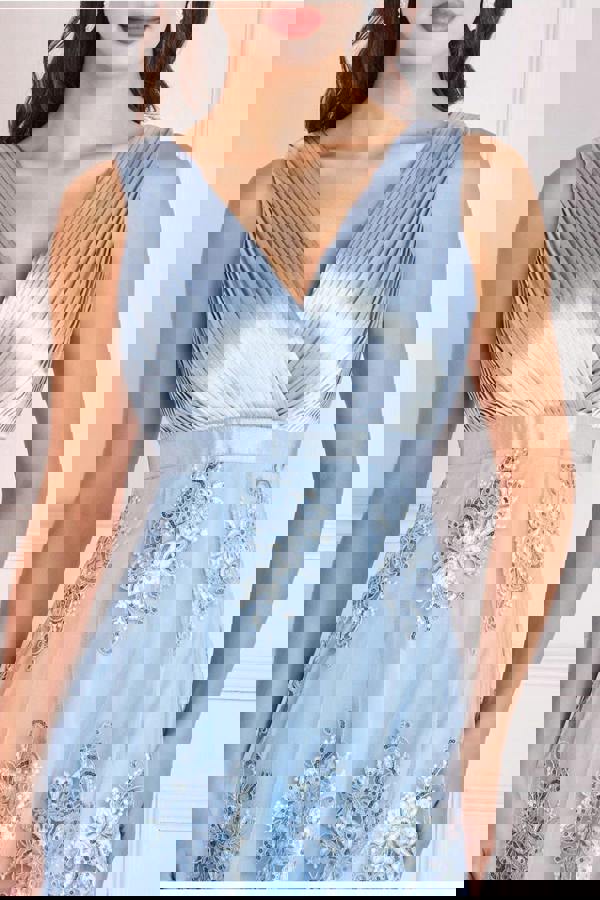 Pleated Satin V Neck High And Low Midi - Light Blue DR3813QZ