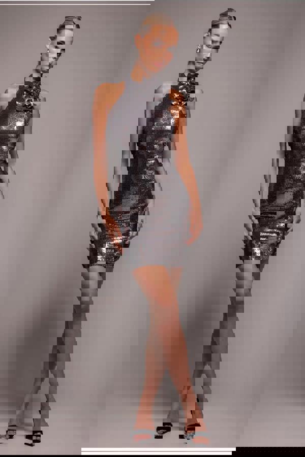 Liquid Sequin Halterneck Mini With Corsage - Silver DR4125