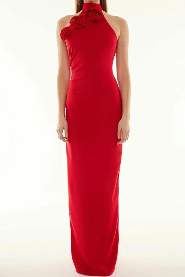 WOVCOR Woven Maxi Elegant Evening Dress with Rose Detail
