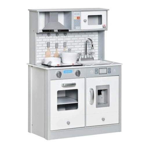 Bobobiy Kids Wooden Toy Kitchen Pretend Play Cooking Playset with Sound & Light Effect, Marble Pattern Countertop, for 3-6 Years Old