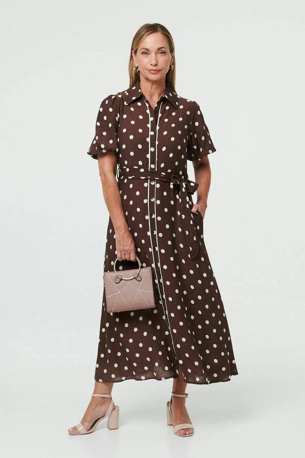 Brown | Polka Dot Tie A-Line Midi Shirt Dress