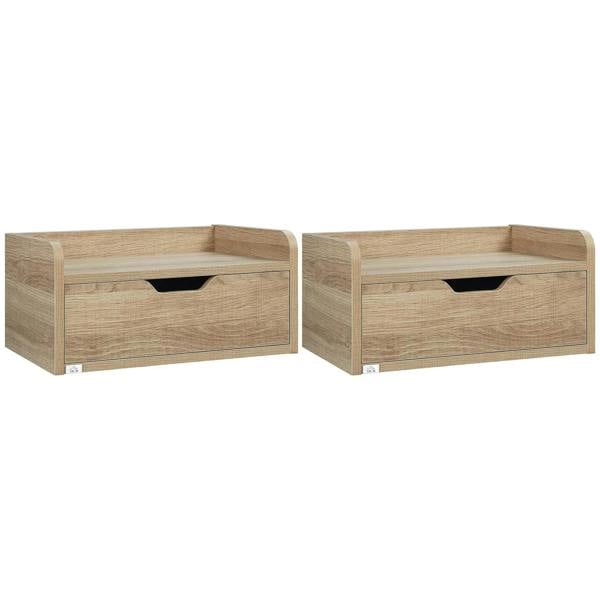Set of 2 floating wall nightstands in light natural wood with open drawer front