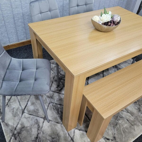 KOSY KOALA 6 Seater Modern Light Wood Dining Table Set with 4 Grey Velvet Chairs and Bench H75 x L140 x W80 cm