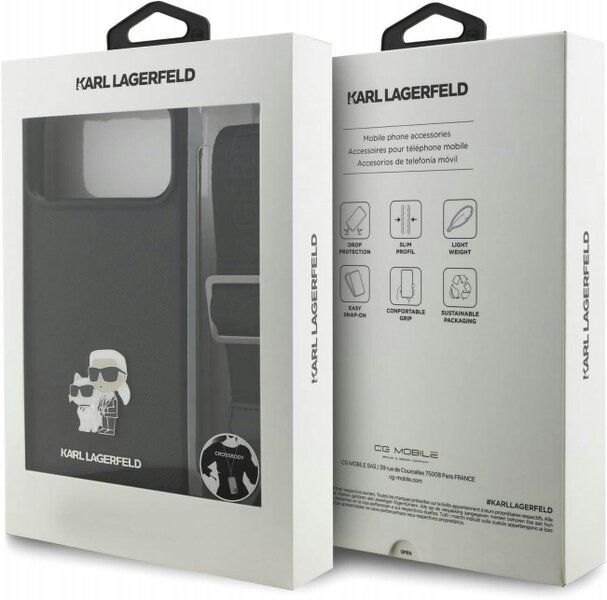 Karl Lagerfeld Saffiano Karl & Choupette Metal Pin Crossbody Strap Case for iPhone 17/18 Pro 6.3" Black - KLHCP18LSAKCPBK